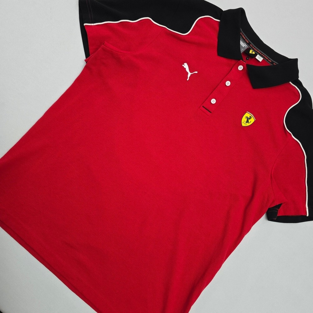 Puma Scuderia Ferrari Mens Red Black Colorblock Polo Shirt 538189-02 Large